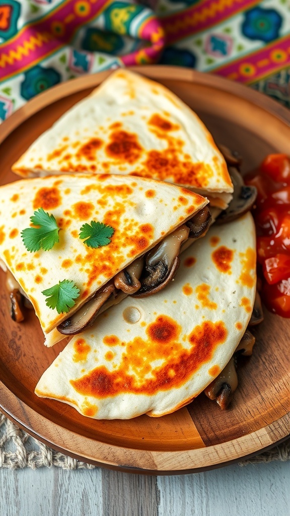 Mushroom quesadilla cut into wedges with melted cheese and salsa on a wooden plate.